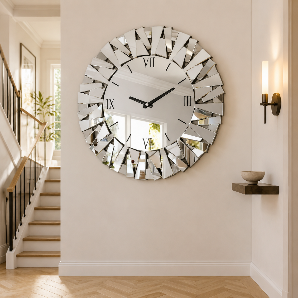 Miroir Murale Horloge Verre Biseauté Chiffres Romains Escalier