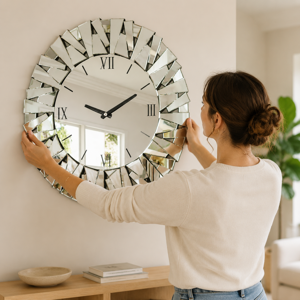 Miroir Murale Horloge Verre Biseauté Chiffres Romains Installer