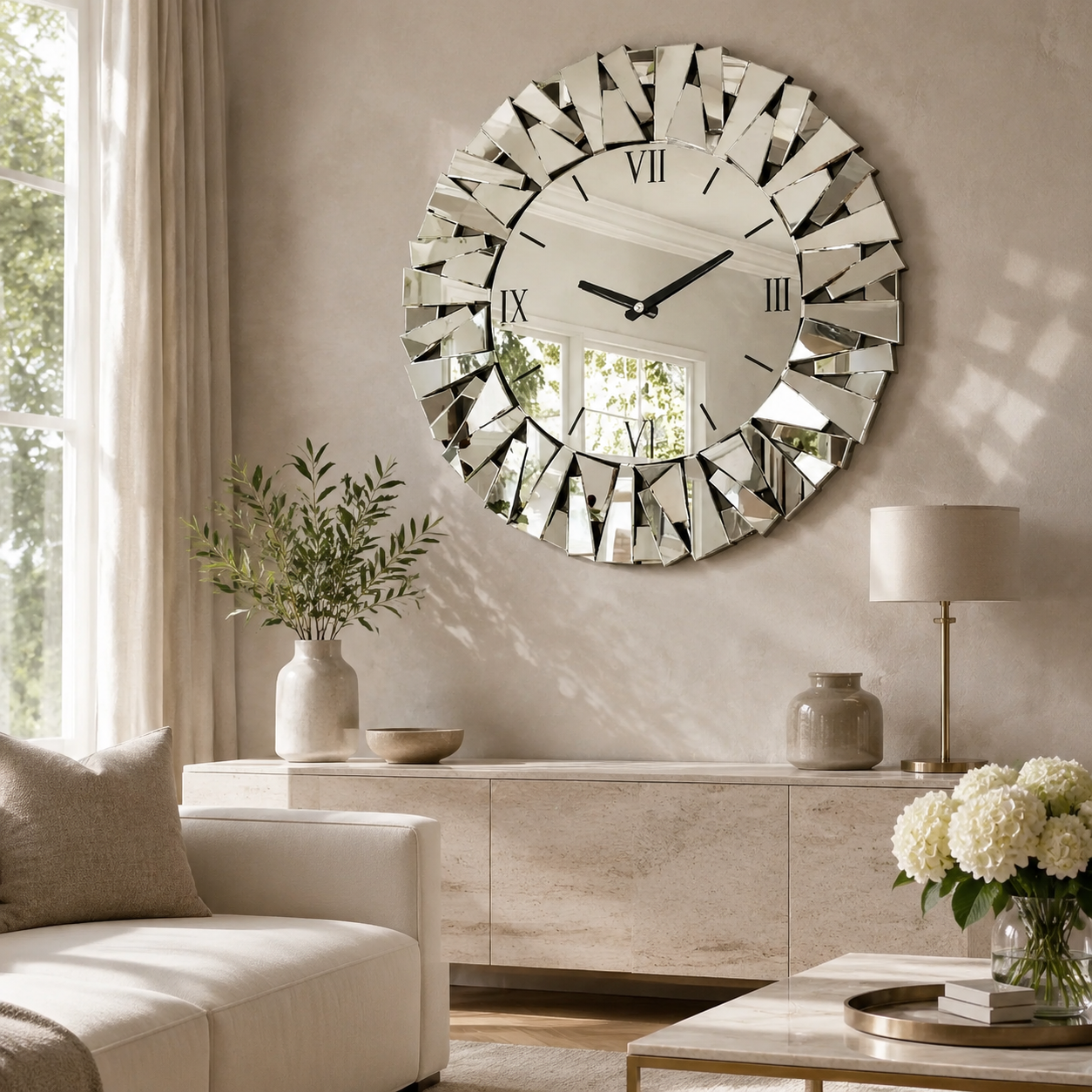 Miroir Murale Horloge Verre Biseauté Chiffres Romains SAM