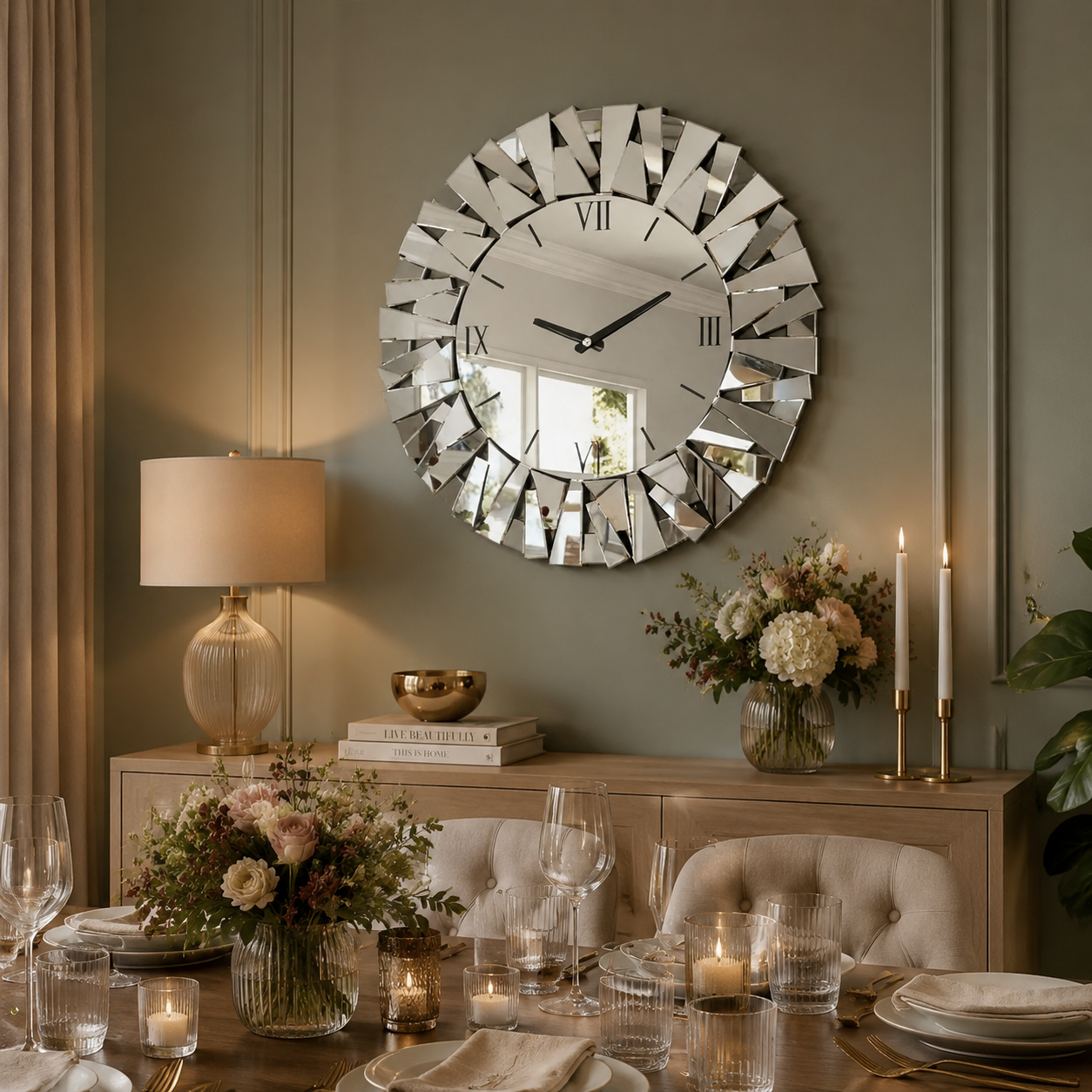 Miroir Murale Horloge Verre Biseauté Chiffres Romains Salle A Manger