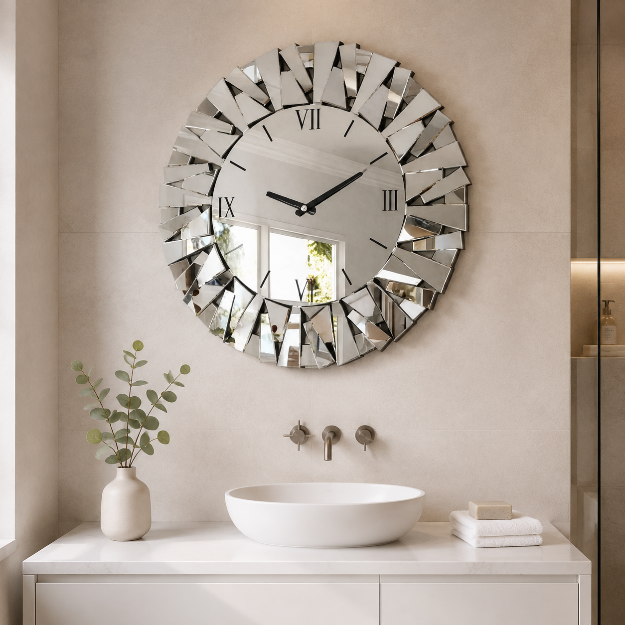 Miroir Murale Horloge Verre Biseauté Chiffres Romains Salle De Bain