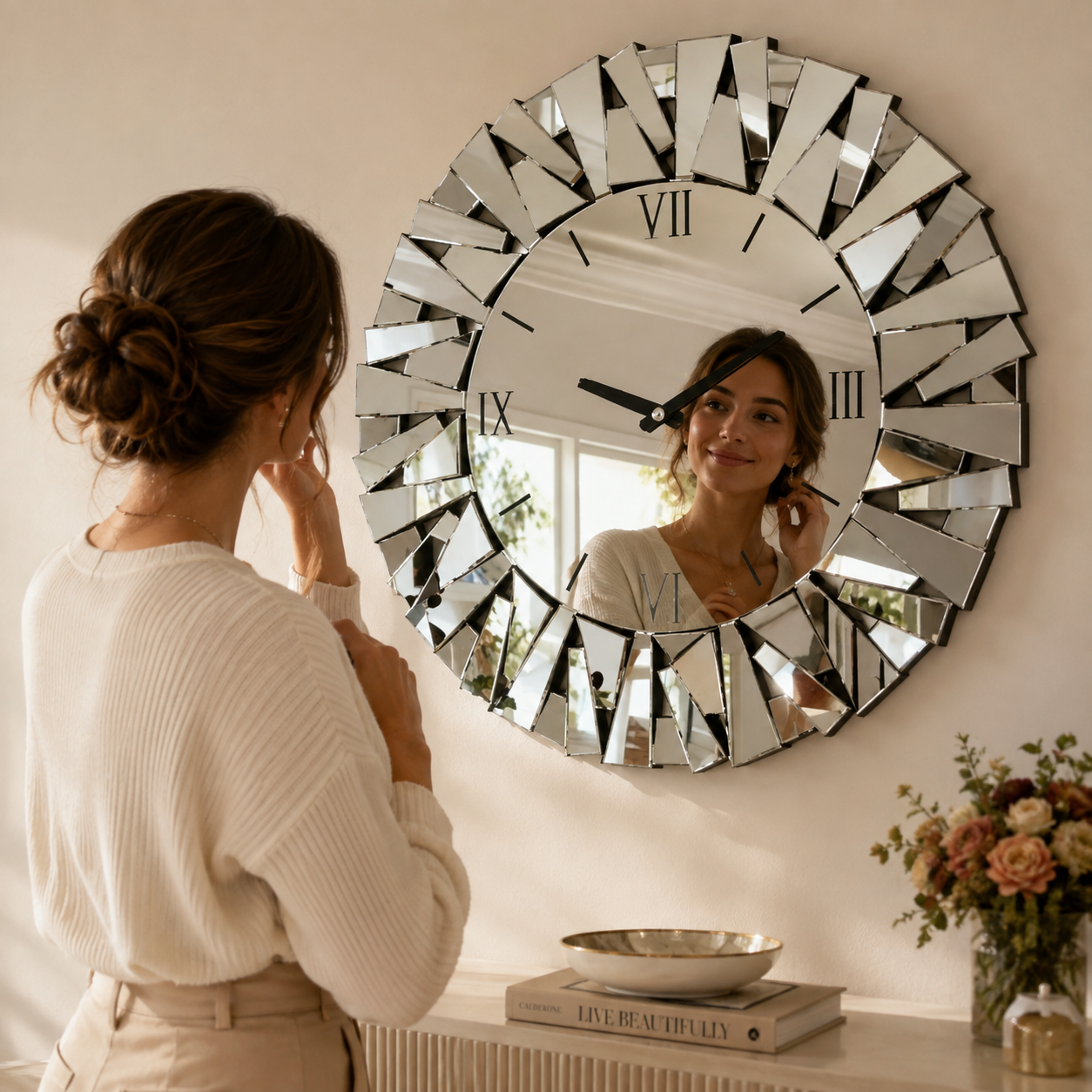 Miroir Murale Horloge Verre Biseauté Chiffres Romains Se Regarder