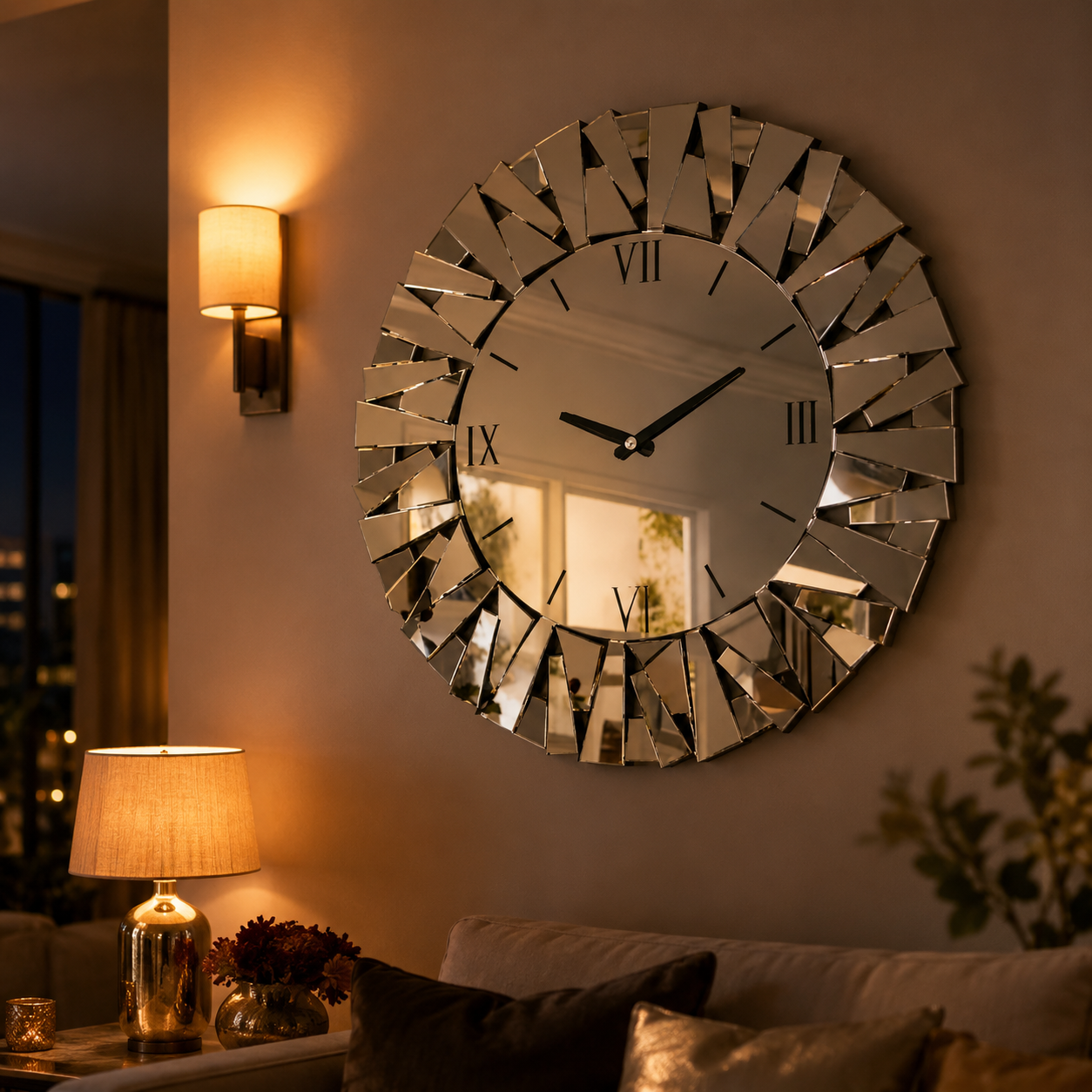 Miroir Murale Horloge Verre Biseauté Chiffres Romains Tamise