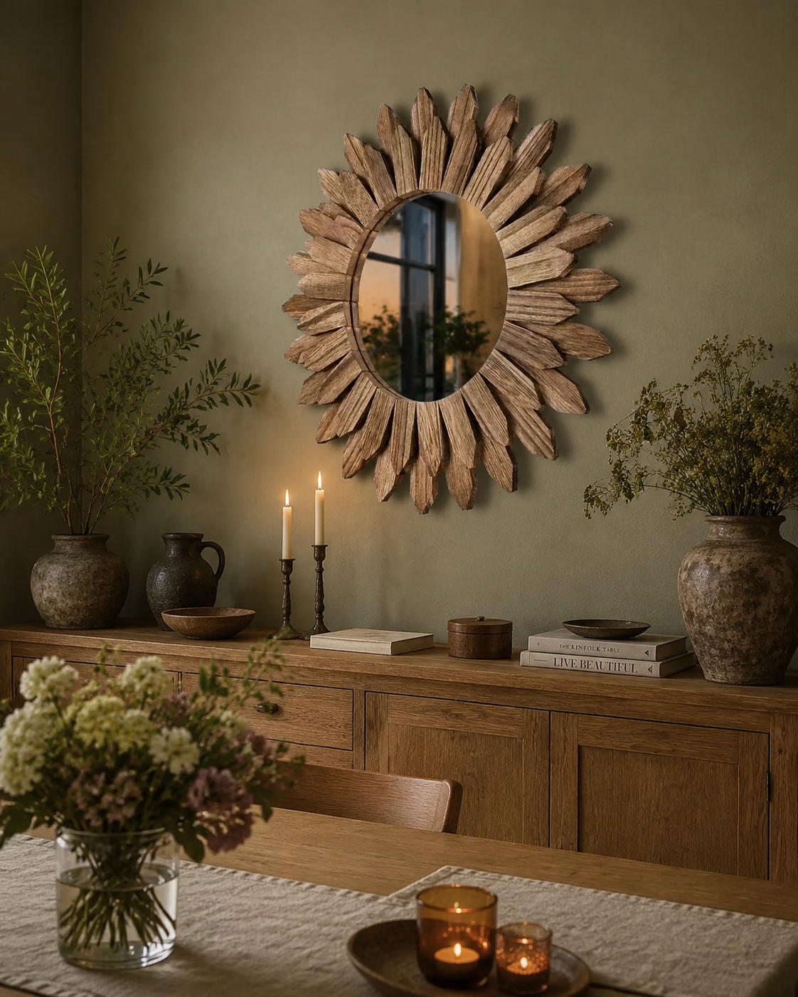 Miroir Rond Bois Flotté Design Soleil Rayonnant Artisanal Ø32 cm Buffet