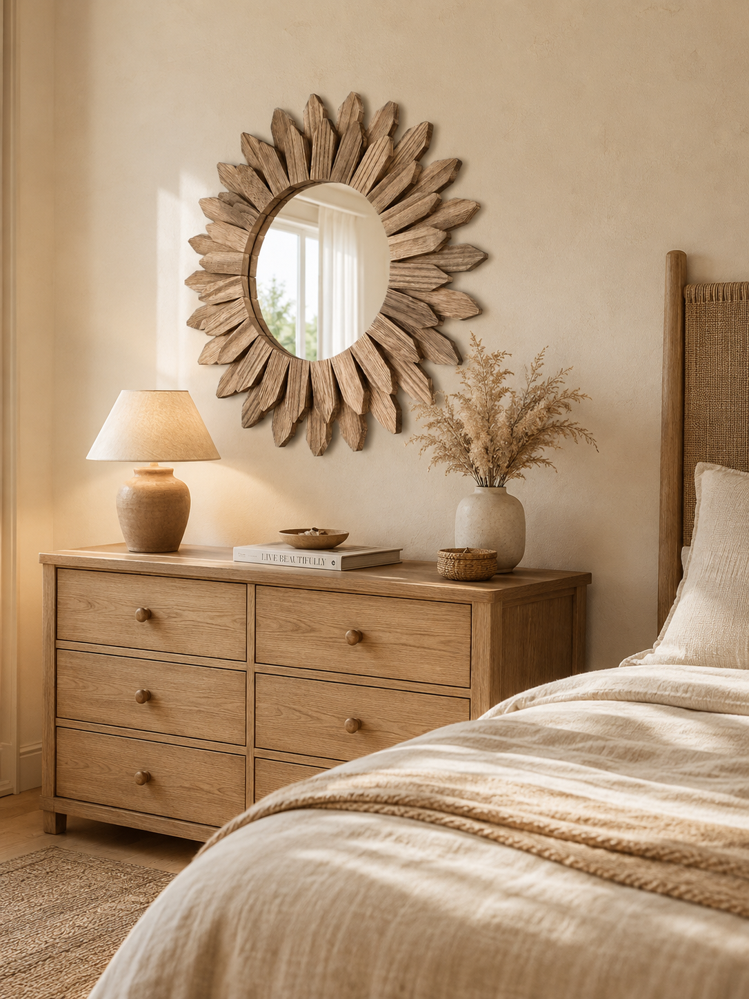 Miroir Rond Bois Flotté Design Soleil Rayonnant Artisanal Ø32 cm Chambre