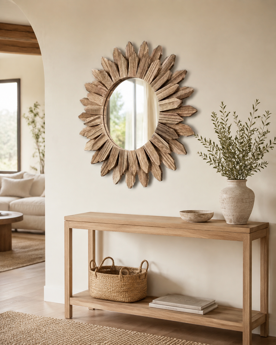 Miroir Rond Bois Flotté Design Soleil Rayonnant Artisanal Ø32 cm Colle Entree