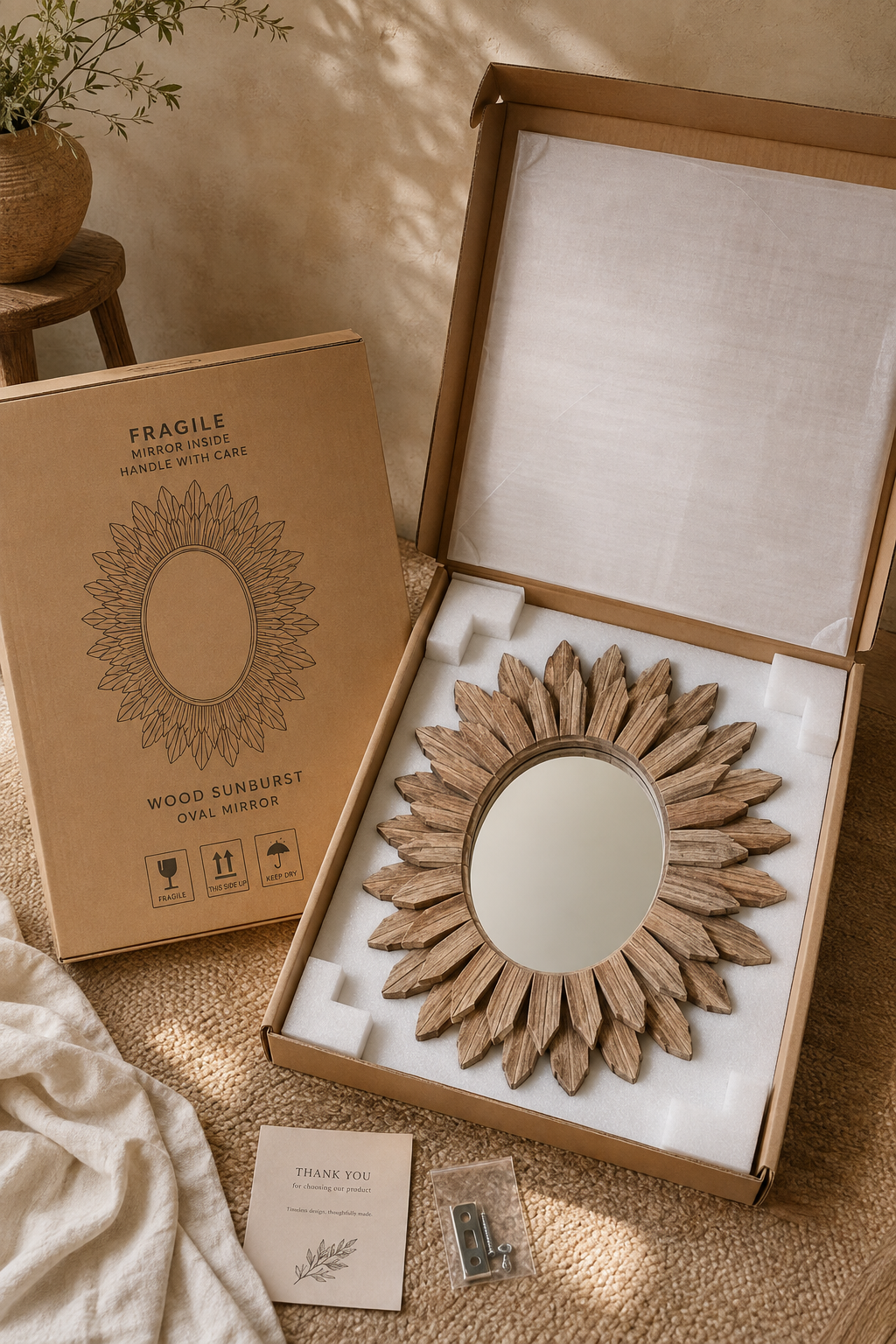 Miroir Rond Bois Flotté Design Soleil Rayonnant Artisanal Ø32 cm Deballage