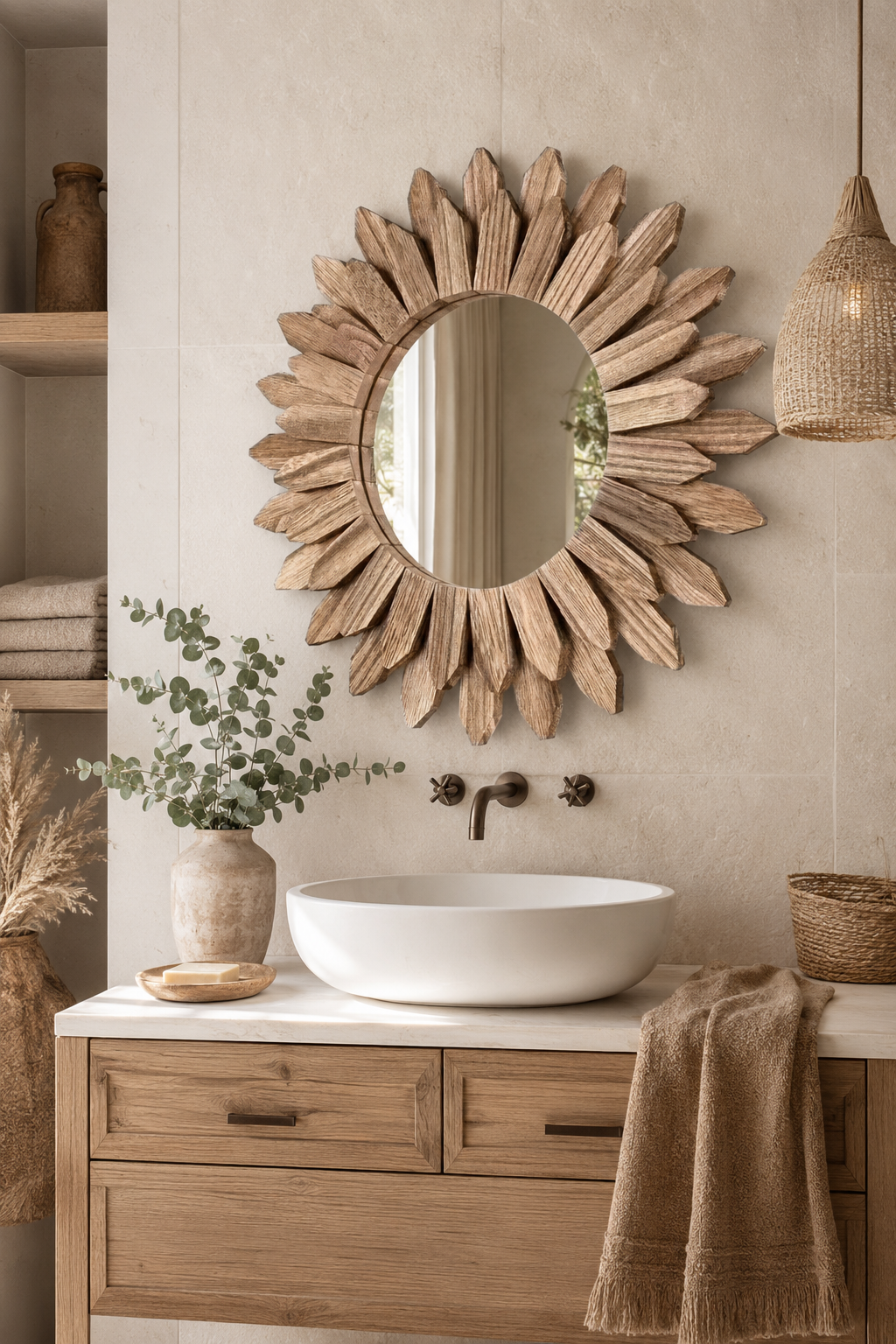 Miroir Rond Bois Flotté Design Soleil Rayonnant Artisanal Ø32 cm Entree