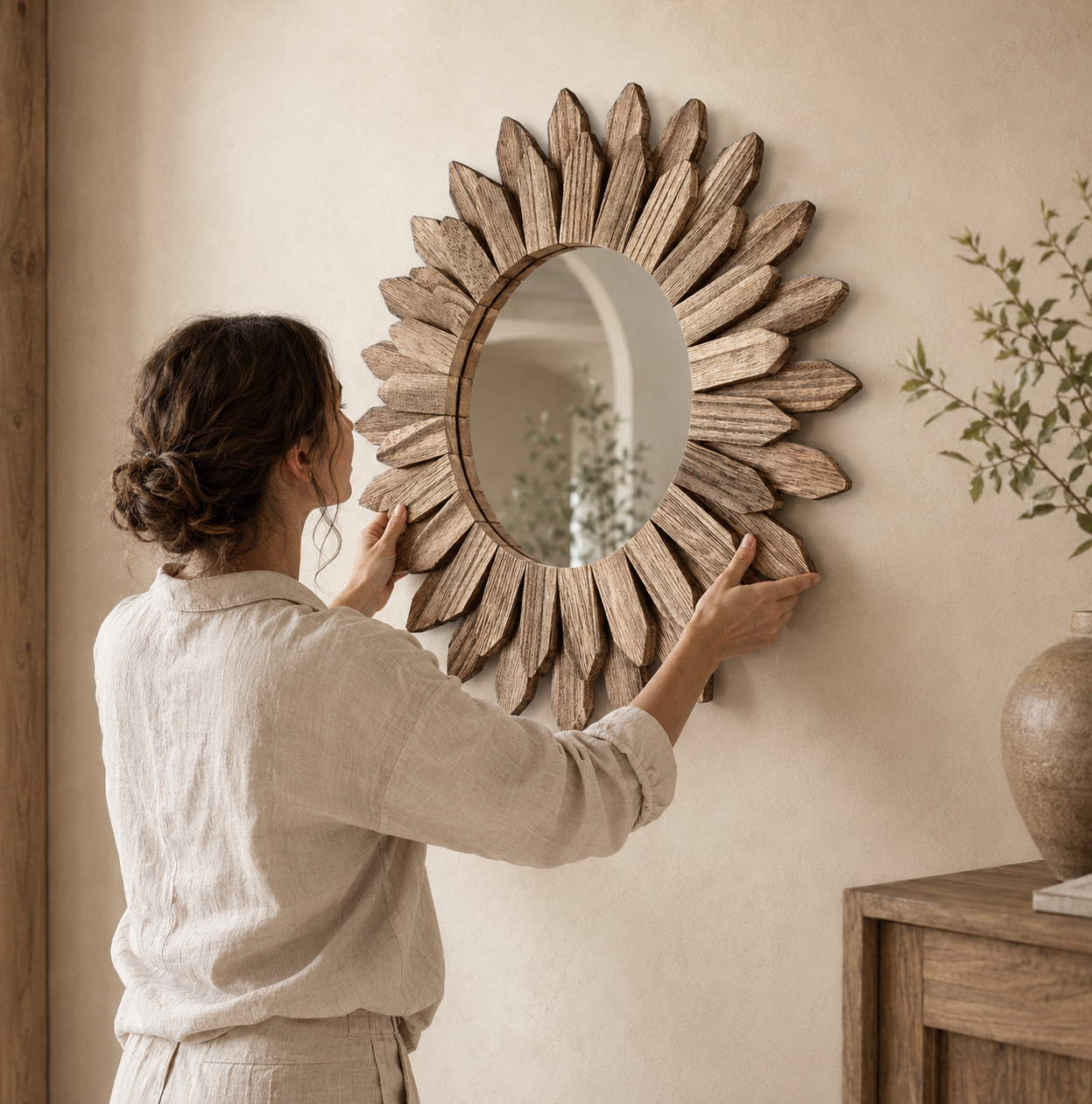 Miroir Rond Bois Flotté Design Soleil Rayonnant Artisanal Ø32 cm Installer