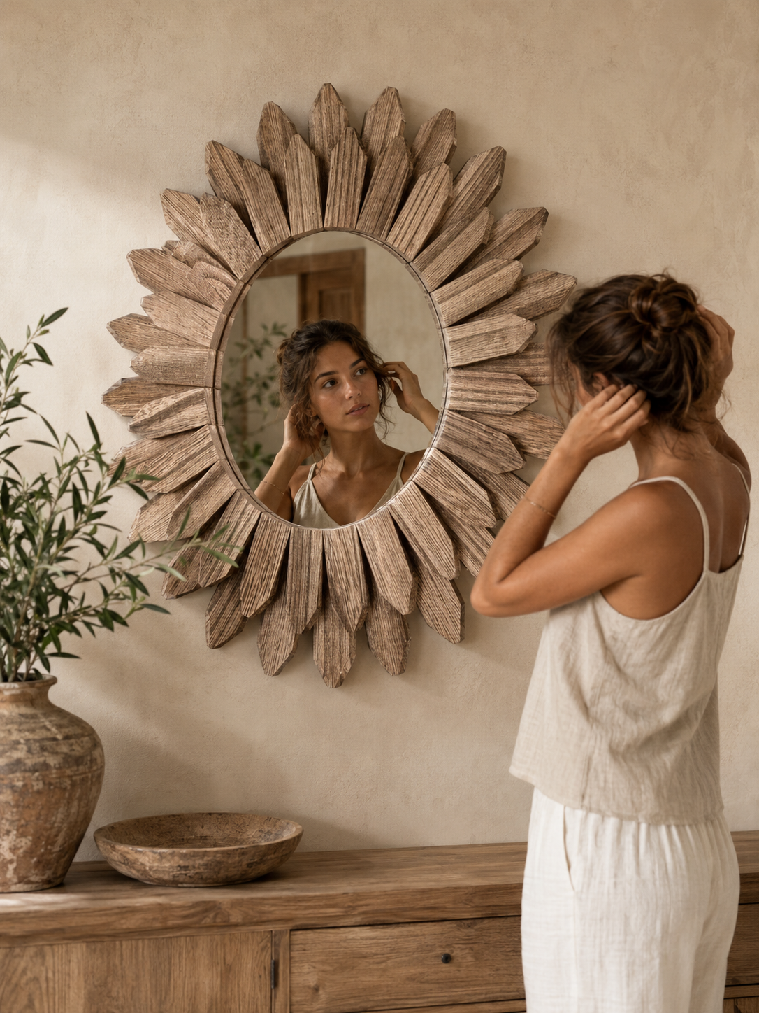 Miroir Rond Bois Flotté Design Soleil Rayonnant Artisanal Ø32 cm Se Regarder