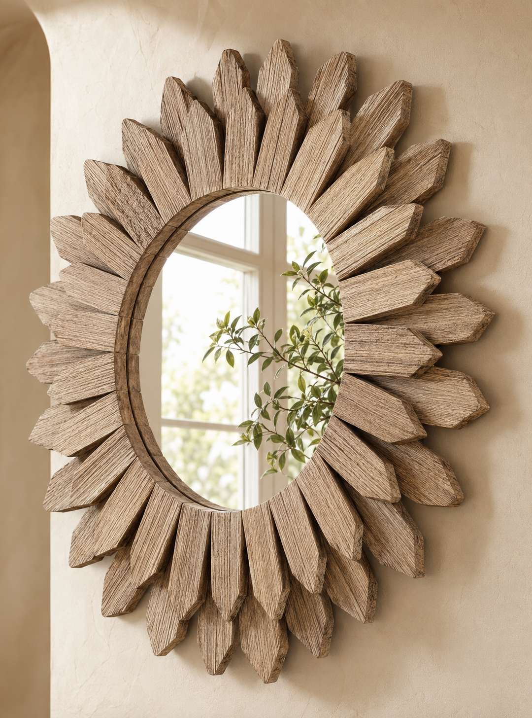 Miroir Rond Bois Flotté Design Soleil Rayonnant Artisanal Ø32 cm Vue De Cote