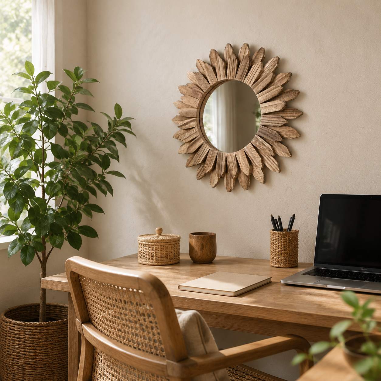 Miroir Rond Bois Flotté Design Soleil Rayonnant Artisanal Dessus Bureau