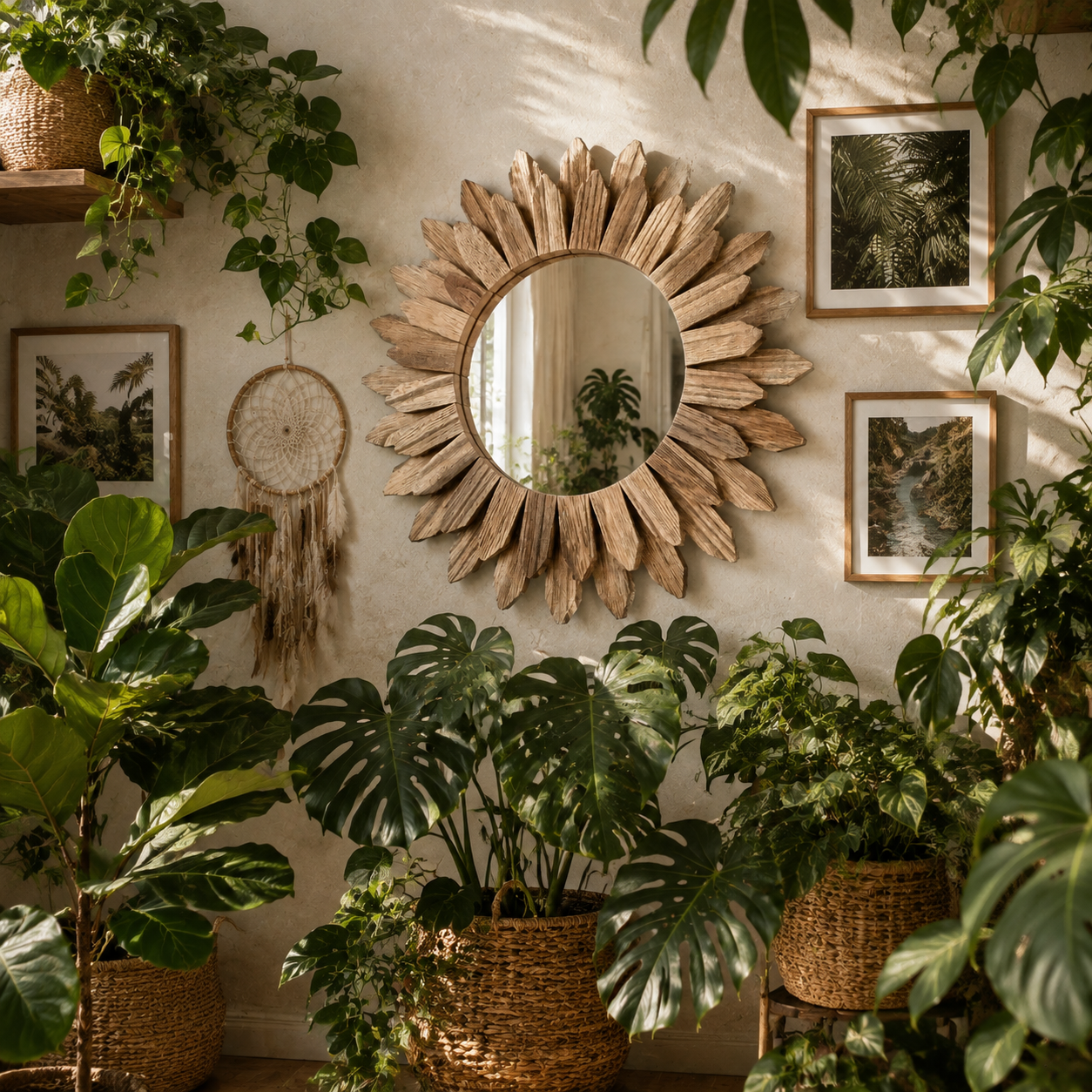 Miroir Rond Bois Flotté Design Soleil Rayonnant Artisanal Plante