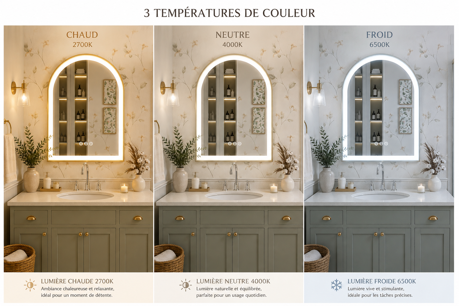 Miroir Salle de Bain Arche LED Tactile 3 Types d'éclairage