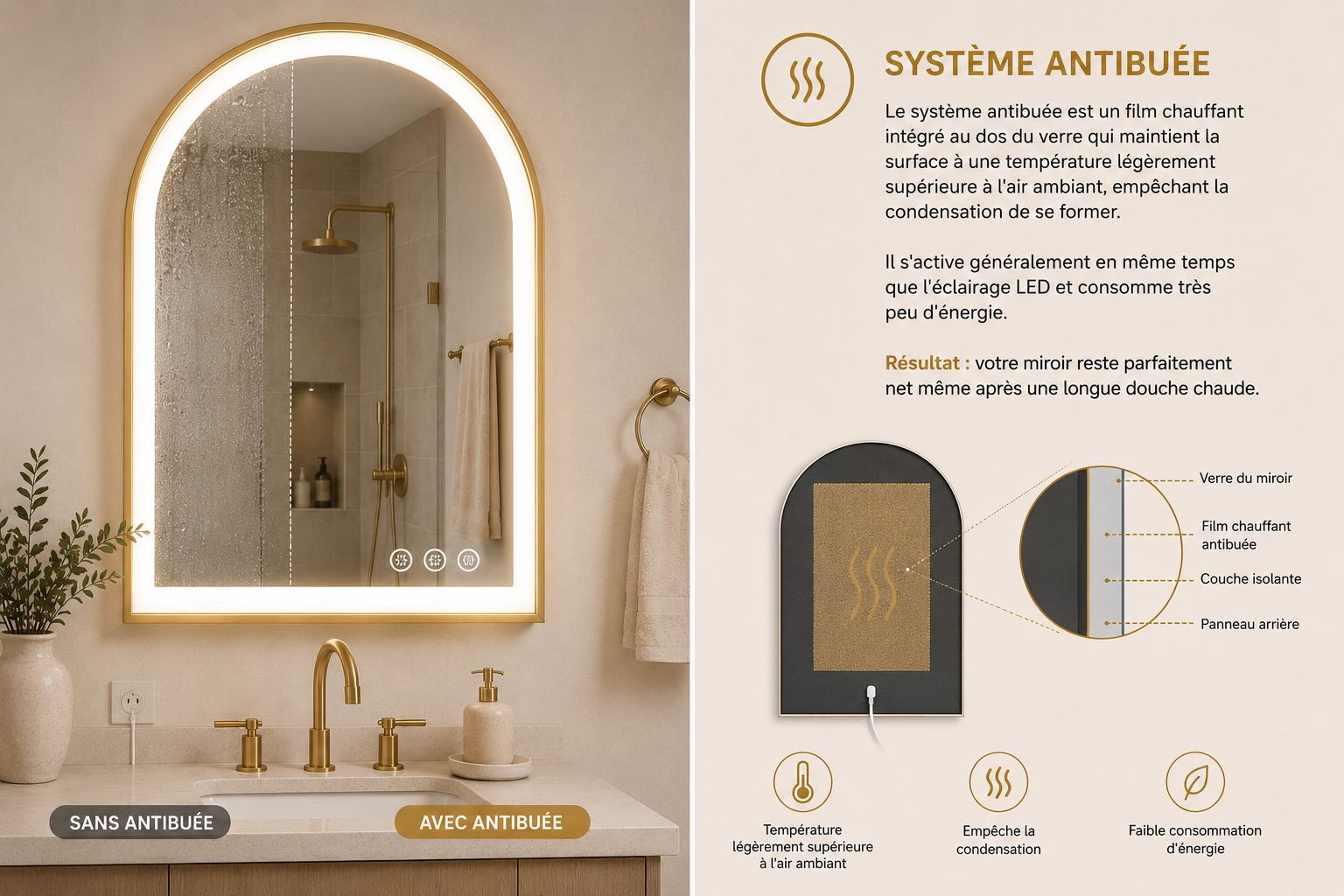 Miroir Salle de Bain Arche LED Tactile Antibuée