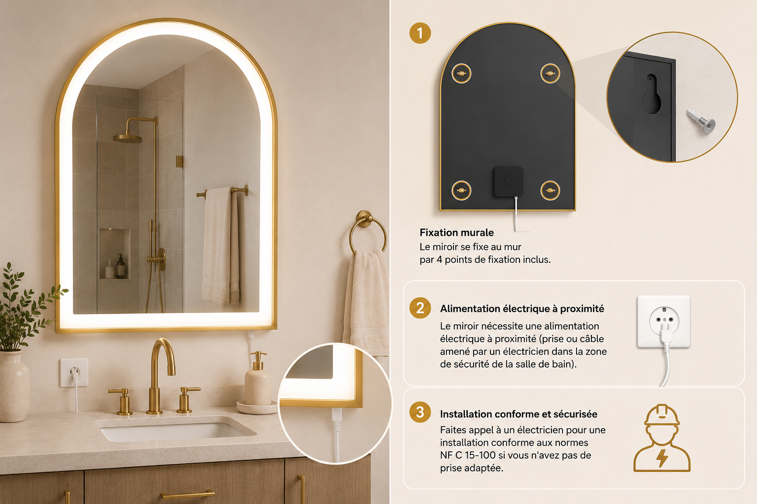Miroir Salle de Bain Arche LED Tactile Fixation