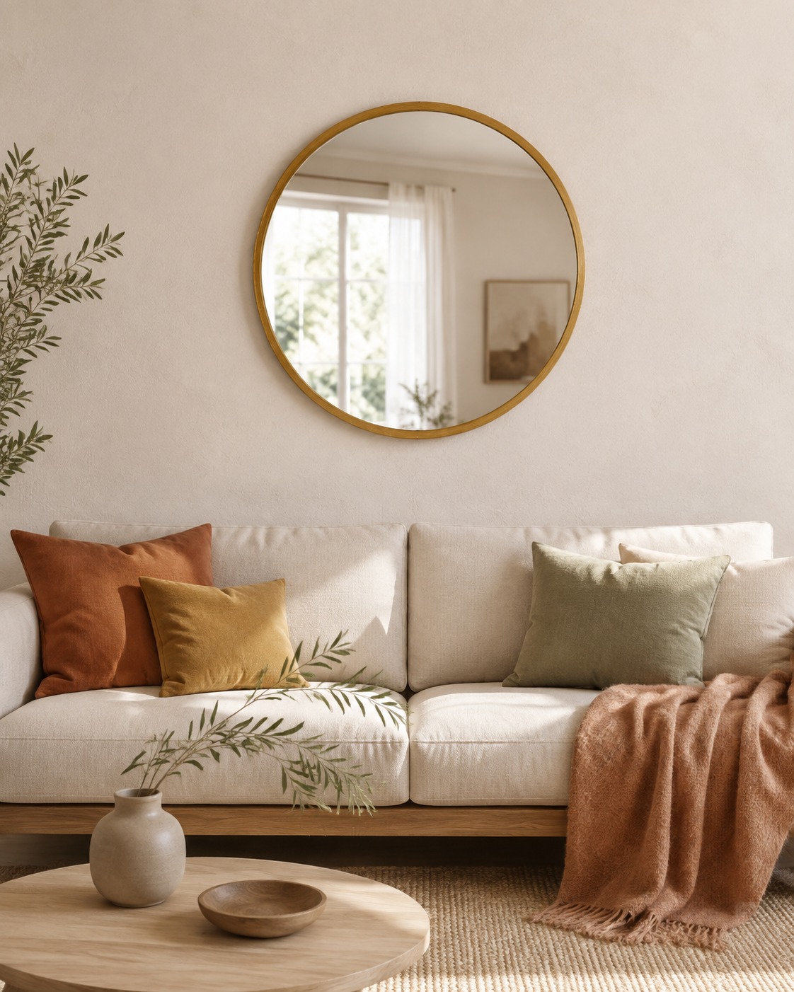 Miroir Scandinave Rond Cadre Bois Doré 