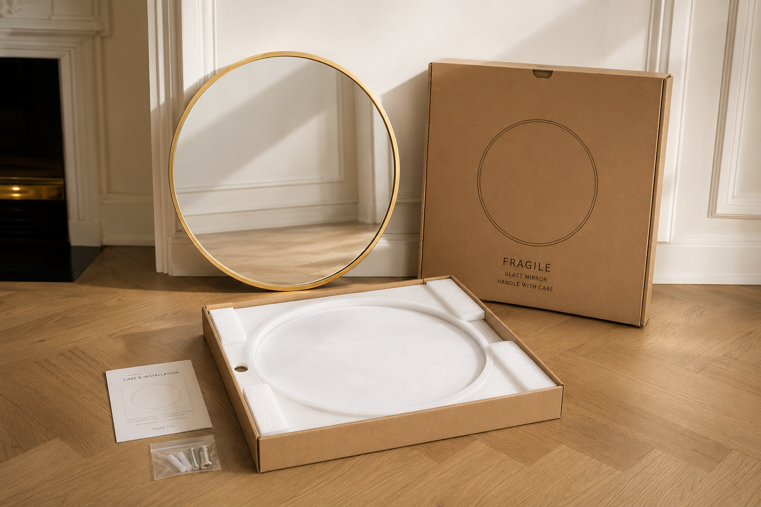 Miroir Scandinave Rond Cadre Bois Doré Ø50 cm Deballage