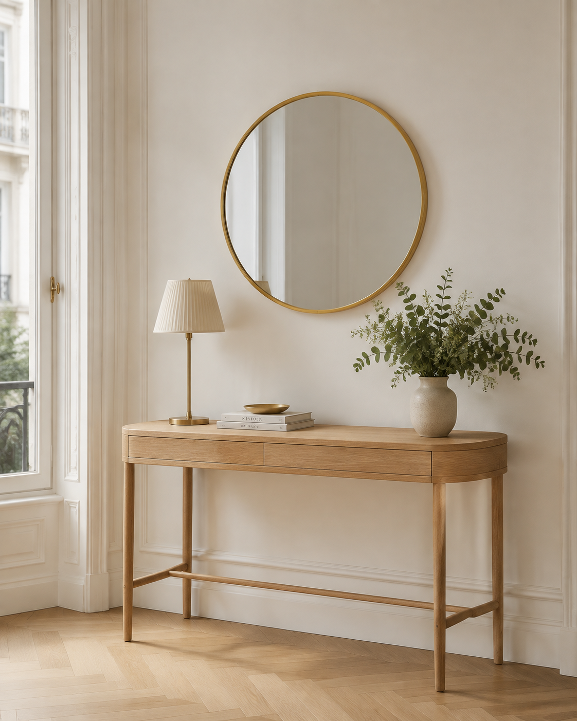 Miroir Scandinave Rond Cadre Bois Doré Ø50 cm Entree