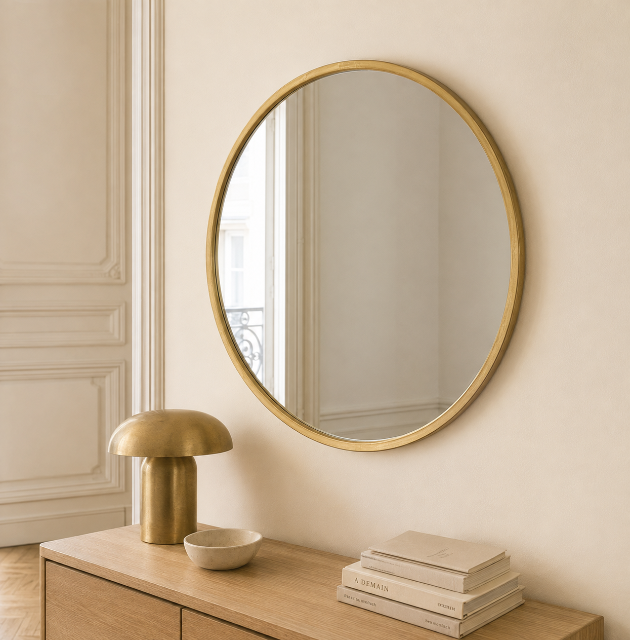 Miroir Scandinave Rond Cadre Bois Doré Ø50 cm Entree