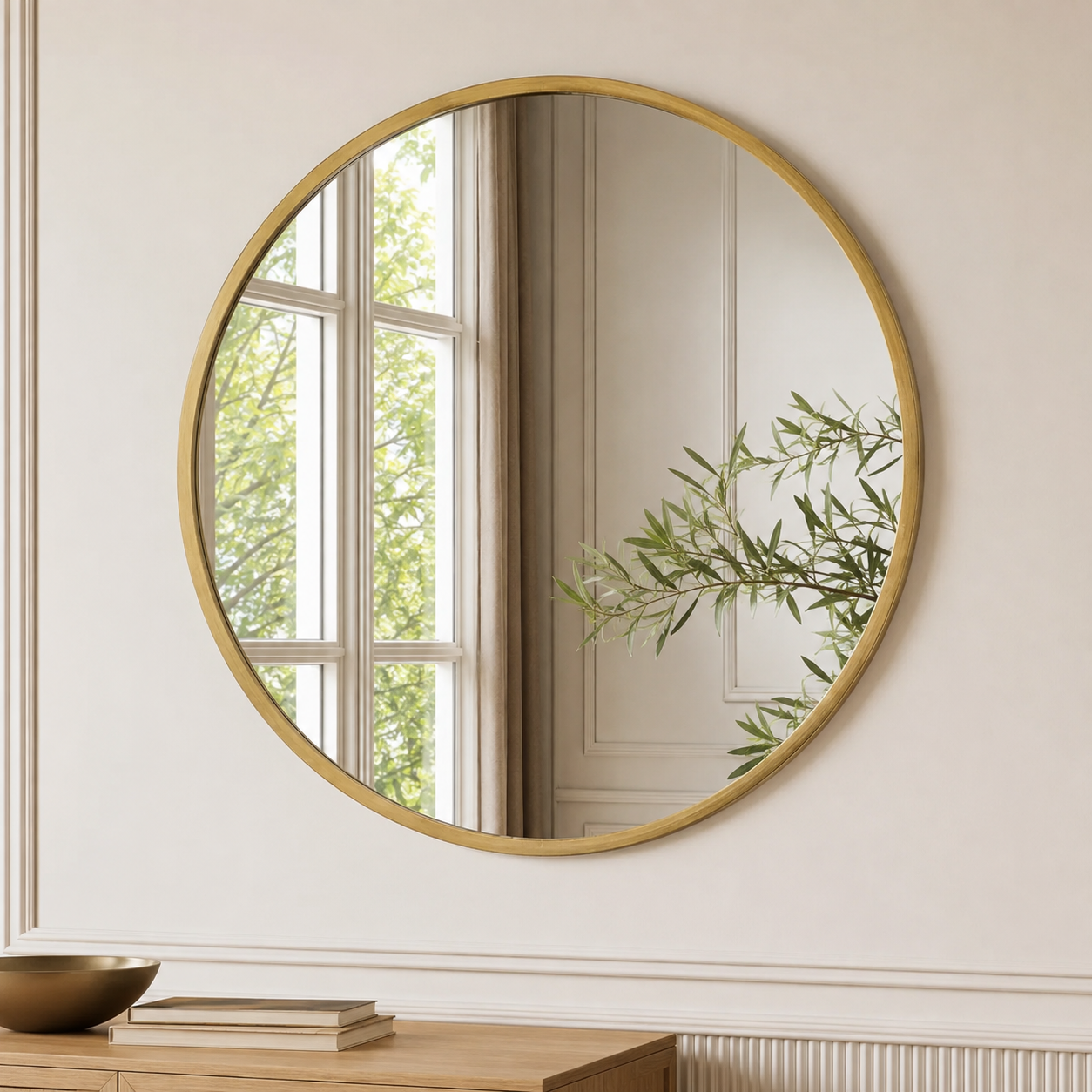 Miroir Scandinave Rond Cadre Bois Doré Ø50 cm Zoom 2