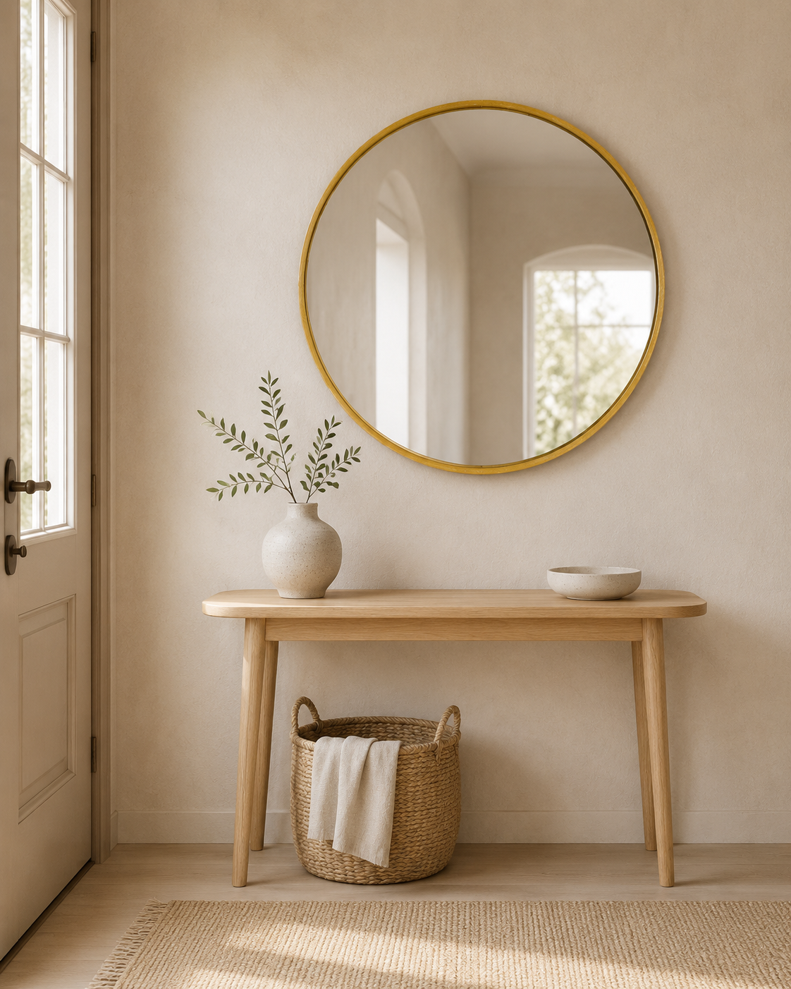 Miroir Scandinave Rond Cadre Bois Doré Premier Regard
