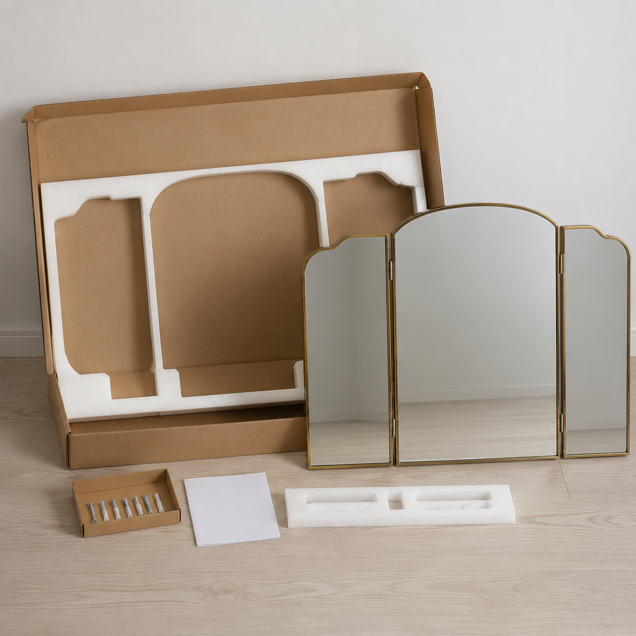 Miroir Triptyque Doré Déballer