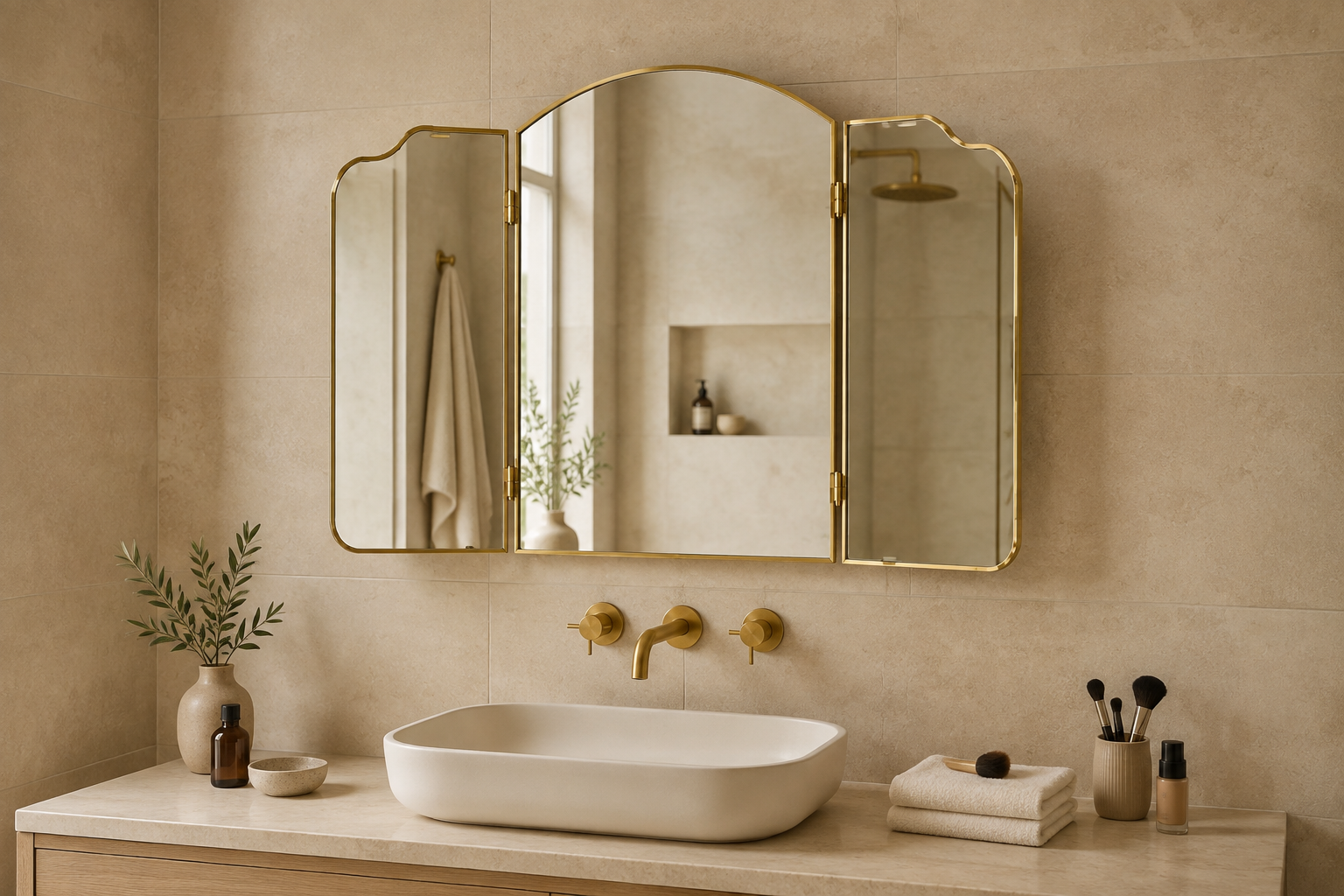 Miroir Triptyque Doré  Dessus Vasque