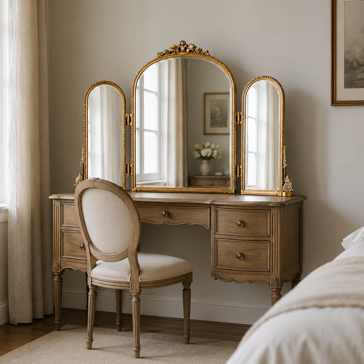 Miroir Vintage Triptyque Doré Coiffeuse Chambre
