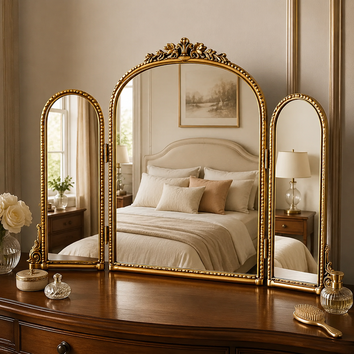 Miroir Vintage Triptyque Doré Coiffeuse Moderne Pose