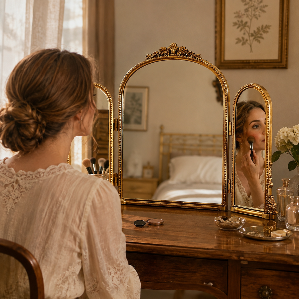 Miroir Vintage Triptyque Doré Coiffeuse  Vintage