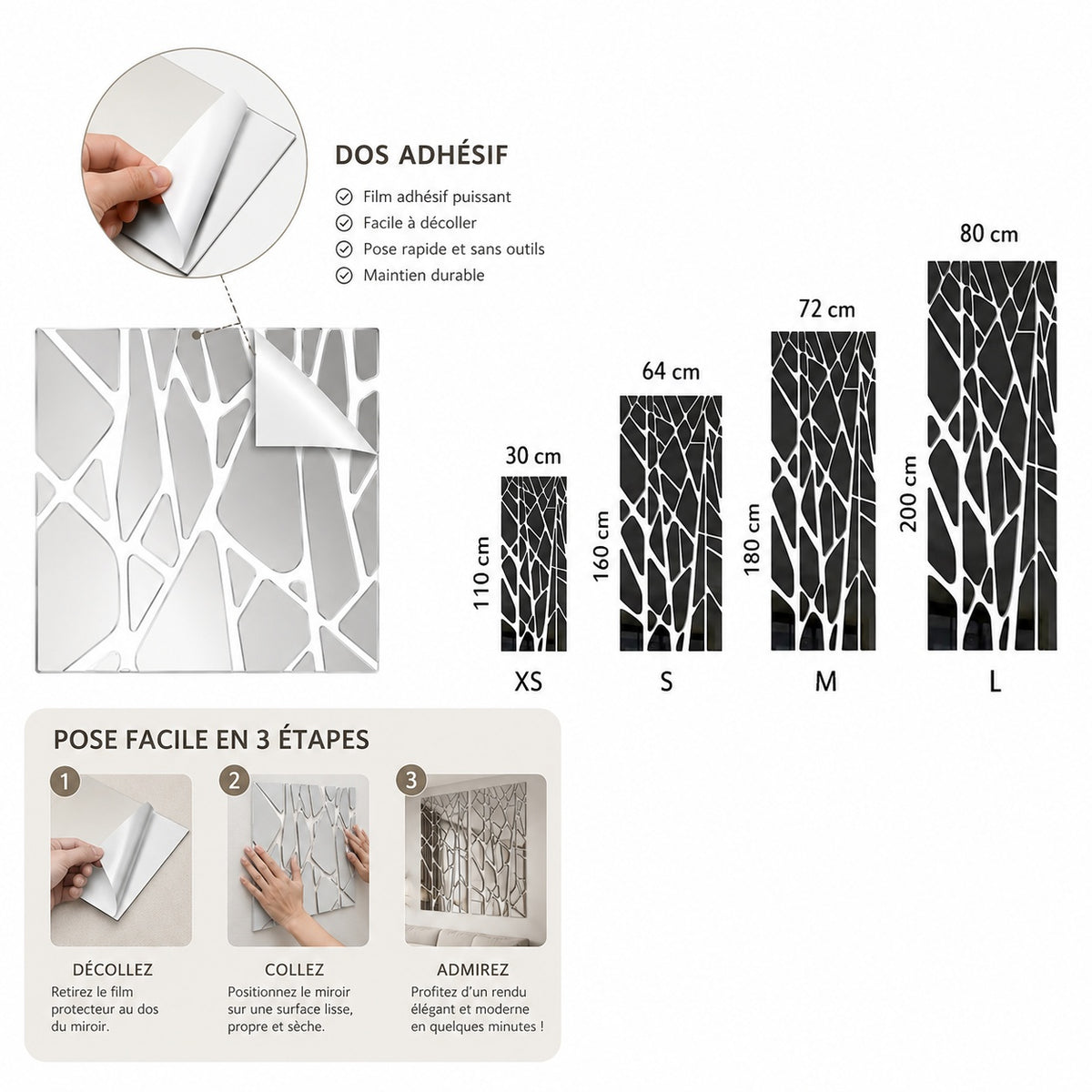 Présentation du miroir adhésif mural motif branches avec son dos adhésif, ses différentes dimensions et les principales étapes de pose. Une solution décorative conçue pour une installation simple sur une surface adaptée, sans système de fixation traditionnel.