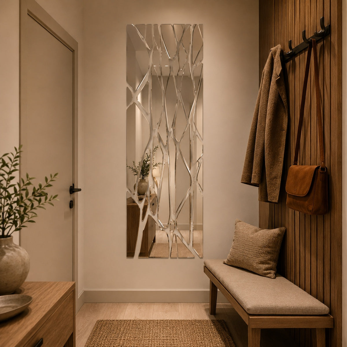 Miroir mural adhésif vertical au motif branches présenté dans une entrée contemporaine. Son format élancé permet d'habiller un pan de mur tout en apportant lumière, profondeur et caractère à un couloir ou une entrée.