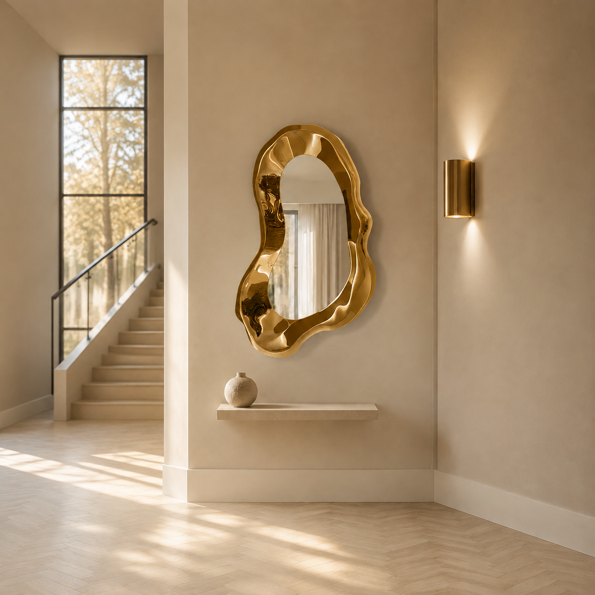 Miroir d'Entrée Cadre Sculptural 3D Laqué Brillant Escalier