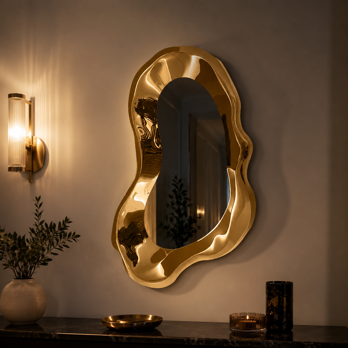 Miroir d'Entrée Cadre Sculptural 3D Laqué Brillant Tamise