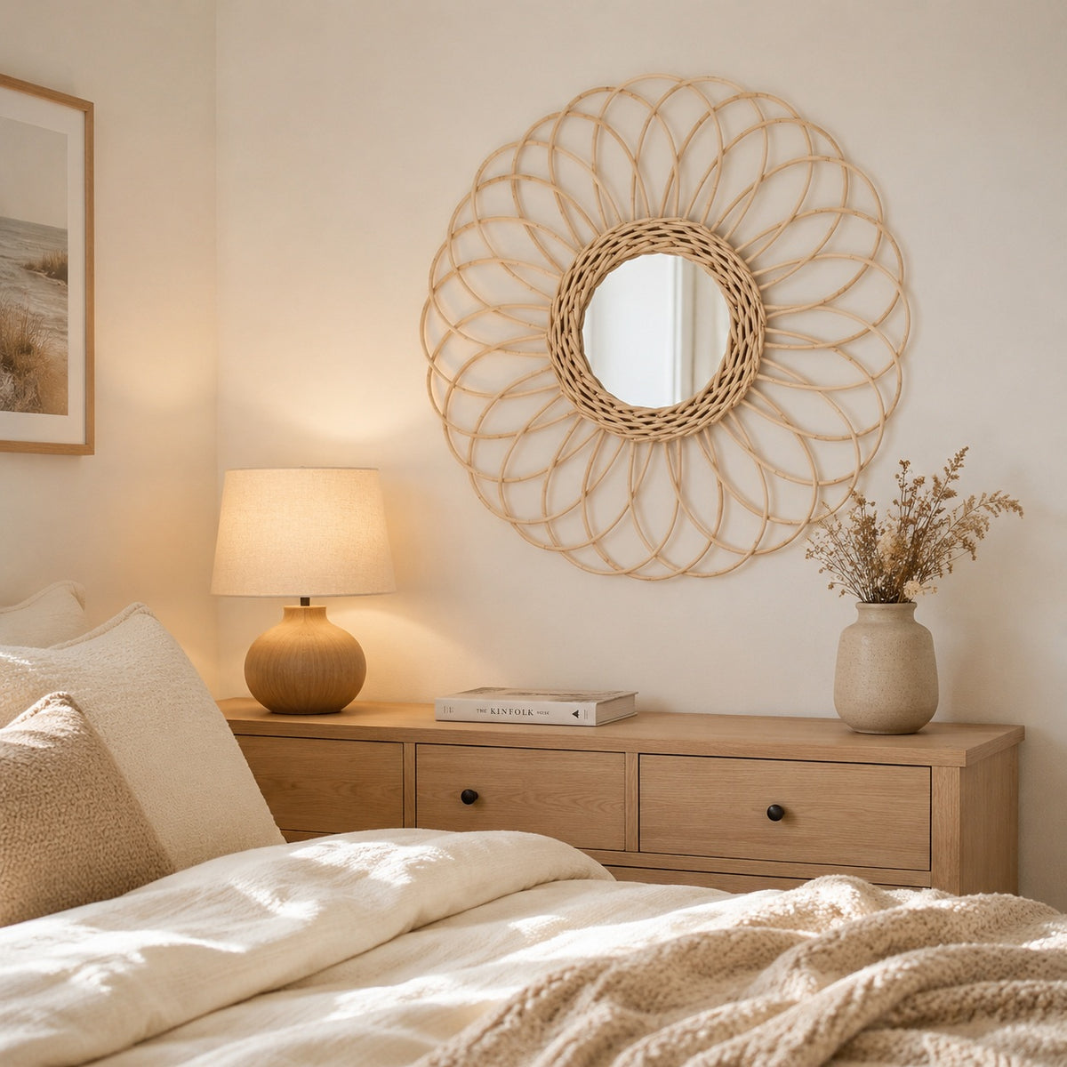 Miroir décoratif en rotin tressé installé au-dessus d’une commode en bois dans une chambre chaleureuse. Sa silhouette florale complète parfaitement une décoration bohème, naturelle ou scandinave.