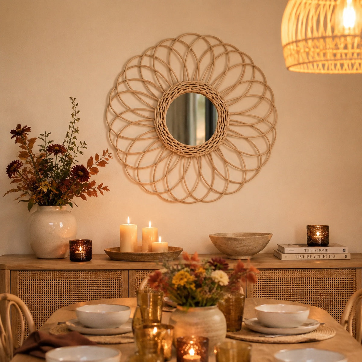 Miroir mural en rotin naturel placé au-dessus d’un buffet cannage dans une salle à manger chaleureuse. Son motif floral s’intègre harmonieusement aux matières naturelles et aux ambiances bohèmes.