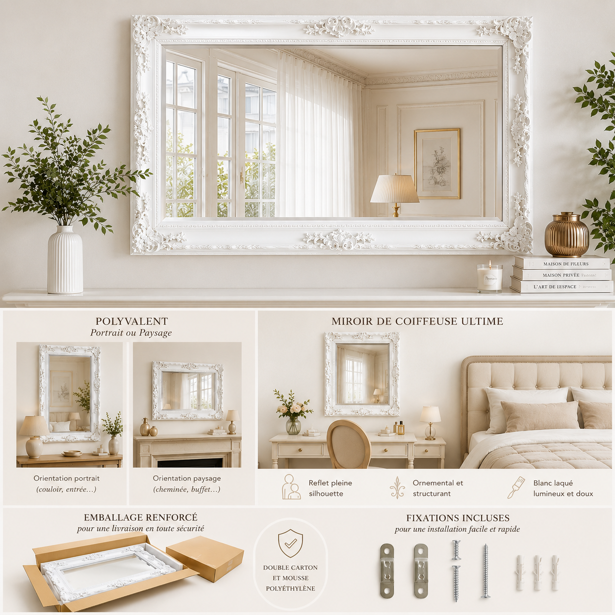Miroir mural baroque blanc portrait ou paysage