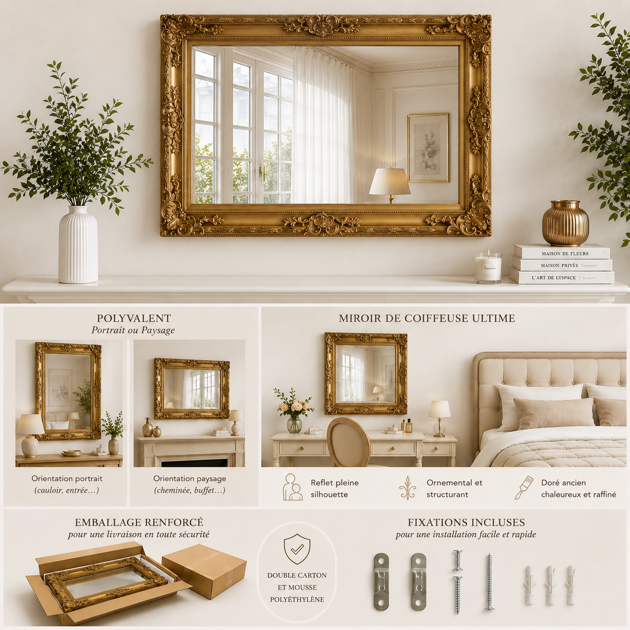 Miroir mural baroque doré portrait ou paysage