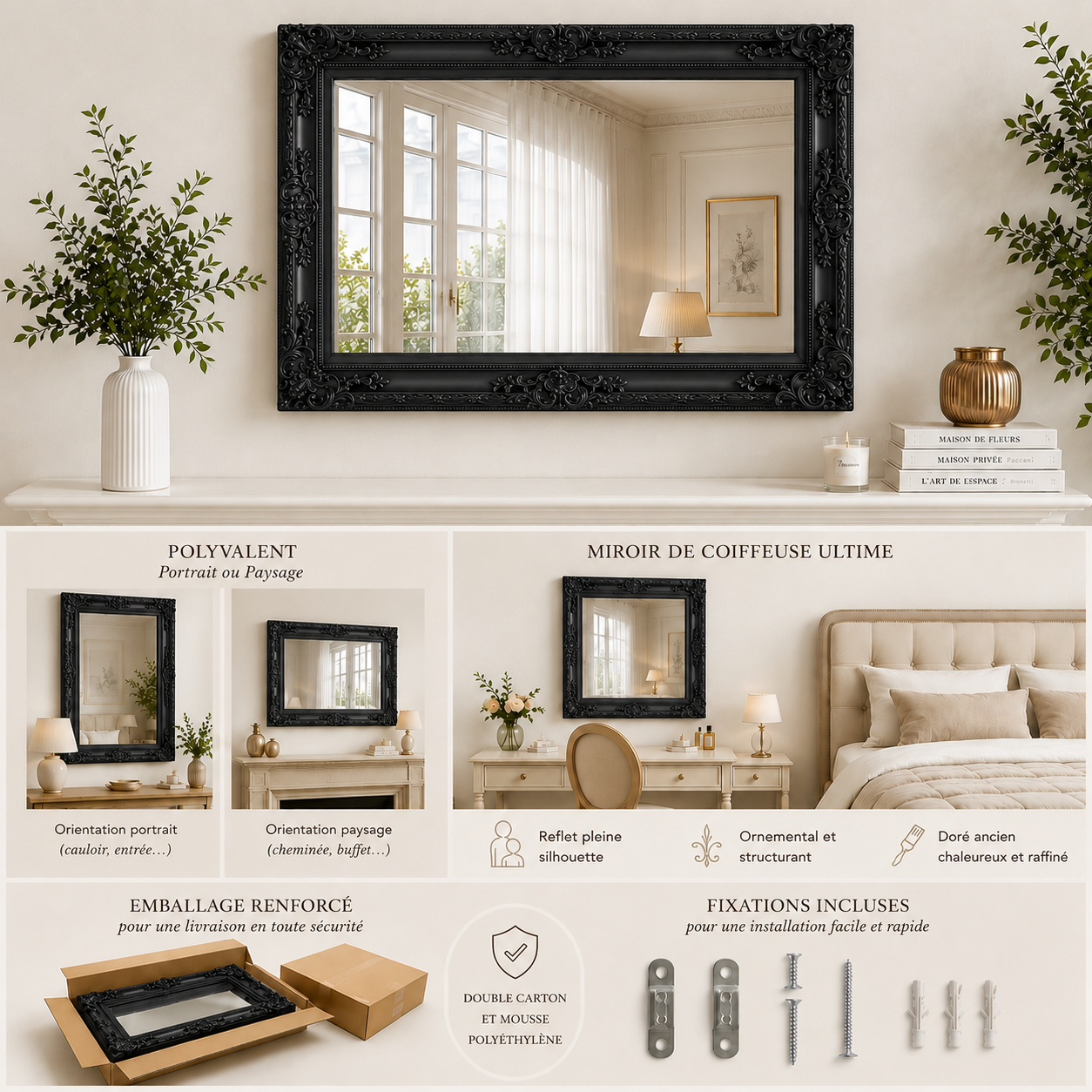 Miroir mural baroque portrait ou paysage 