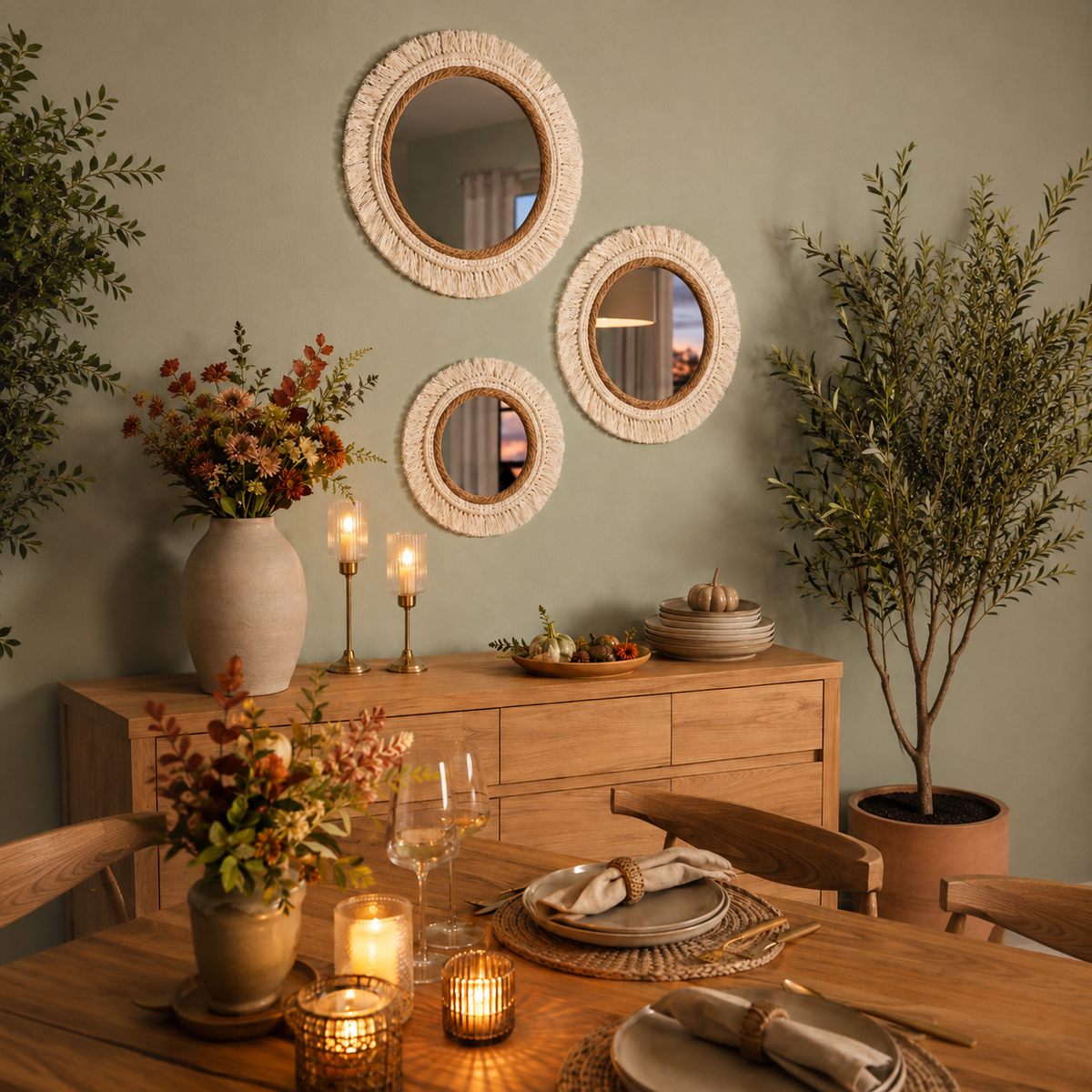 Composition de miroirs muraux soleil en rotin naturel au-dessus d’un buffet en bois.