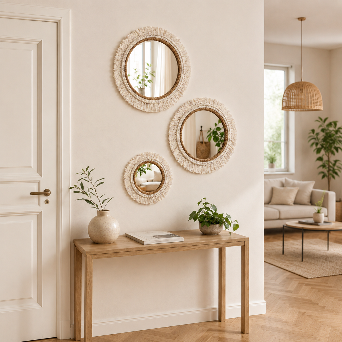Composition décorative de miroirs soleil en rotin naturel dans une entrée avec console en bois