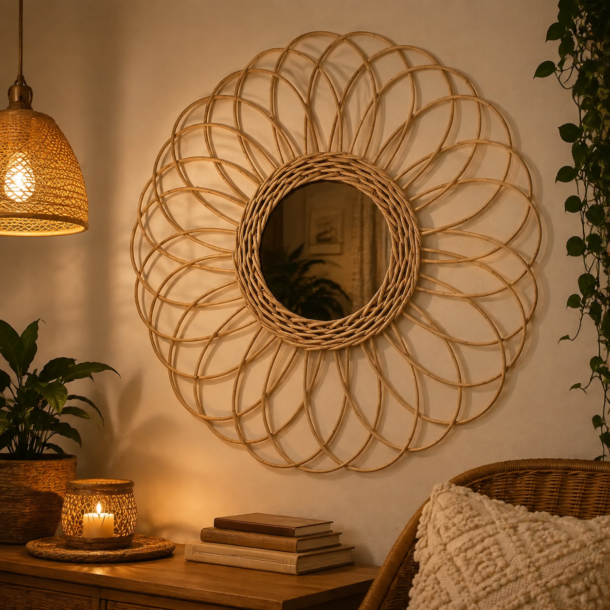 Miroir Fleur Rotin Tressé Main Design Floral Ø40 cm